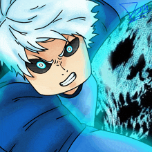 a drawing of a person with white hair and blue eyes with a skull in the background