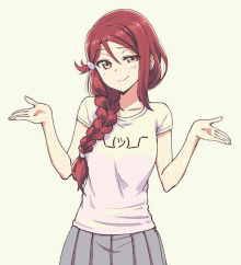 a girl with red hair is wearing a white t-shirt with a smiley face on the front