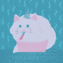 a pink cat wearing a party hat is drinking from a cup