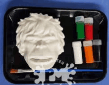 a black tray with a mask , paints and a brush on it .