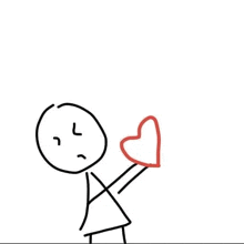 a stick figure is holding a red heart on a stick in his hand .