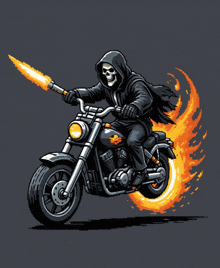 grim reaper riding a motorcycle with a torch