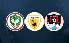 three logos for soccer teams are displayed on a blue background including amed sk mus spor and van spor fk