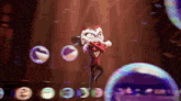 a cartoon character is surrounded by soap bubbles and a purple ball