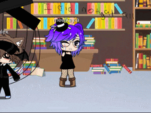 a girl with purple hair is standing in front of a bookshelf with the words " i did not get all " on it