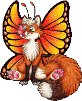 a cartoon fox with butterfly wings is holding a butterfly in its mouth