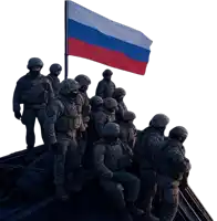 a group of soldiers are standing in front of a russian flag