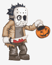 a cartoon of jason voorhees is holding a bloody knife and a pumpkin