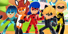 a group of cartoon characters standing next to each other including ladybug