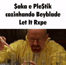 a man in a yellow jacket is holding a pipette and says let it rxpe on the bottom