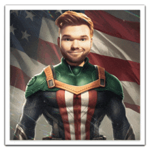 a man in a superhero costume with an american flag behind him