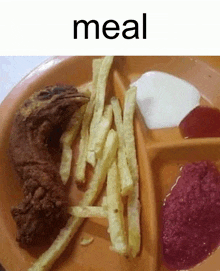 a plate of fried chicken , french fries , ketchup and sour cream