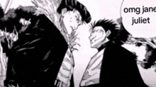 a black and white drawing of two men standing next to each other and talking to each other .
