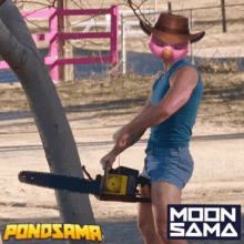 a man wearing a cowboy hat and shorts is holding a chainsaw