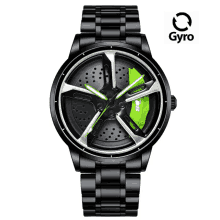 a black gyro watch with a green brake caliper on the face