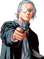 a drawing of a man with glasses pointing a gun at the camera