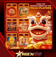 an advertisement for agen 69 shows a lion surrounded by various games