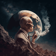 a man in a suit and tie is smoking a cigarette in front of the earth