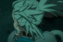 a cartoon character with blue eyes is holding something in his hand
