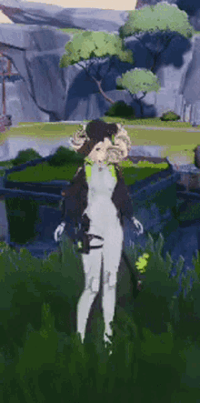 a girl is standing in the grass in a video game holding a gun .