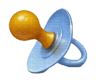 a blue pacifier with a yellow nipple is on a white background