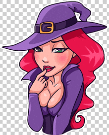 a cartoon witch with red hair and a purple hat with a g on it