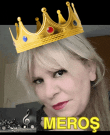 a woman wearing a gold crown with the word meros in yellow