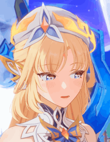 a close up of a blonde anime girl wearing a crown on her head