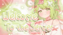 a girl with green hair is holding a book and the words `` welcome to the server '' are written in white letters .