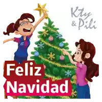 two girls decorating a christmas tree with the words feliz navidad below