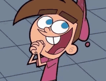 a cartoon character from the fairly oddparents is smiling and holding his hand to his chin .