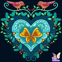 a colorful heart with a butterfly inside of it and two birds on top