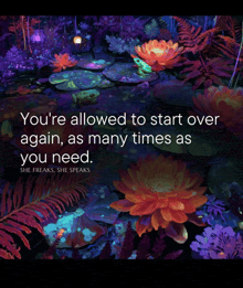 a frog is swimming in a pond with flowers and a quote from she freaks