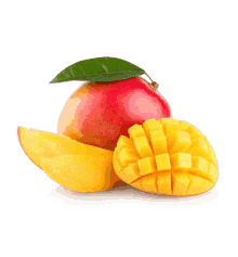 a whole mango next to a sliced mango with a green leaf