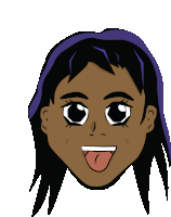 a cartoon drawing of a girl with purple hair sticking out her tongue