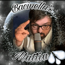 a picture of a man with glasses and a microphone with the name bacinelli 's mattia