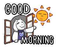 a cartoon of a sheep saying good morning with the sun behind it .