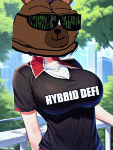 a girl with a teddy bear head wearing sunglasses and a shirt that says hybrid defi