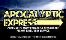 a poster for apocalyptic express shows a yellow arrow pointing to the right