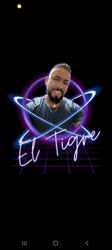 a man with a beard is surrounded by a neon sign that says el tigre .