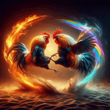 two roosters are standing next to each other in a circle of flames