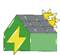 a green house with solar panels and a yellow lightning bolt