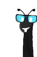 a cartoon drawing of a black worm wearing blue glasses