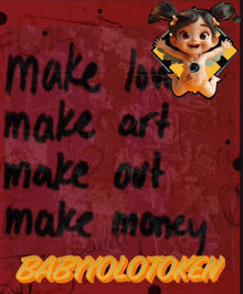 a poster with the words make love make art make out make money on it