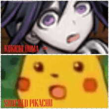 a collage of two pictures of a girl and a pikachu with a surprised look on their faces .