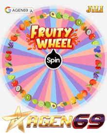 an advertisement for a game called fruity wheel with a spin button