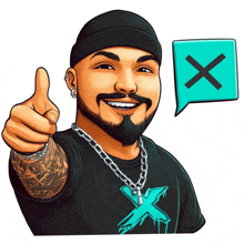 a cartoon of a man giving a thumbs up next to a speech bubble with an x in it