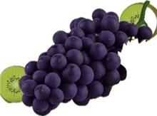 a bunch of purple grapes with kiwi slices