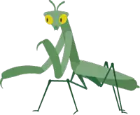 a cartoon drawing of a praying mantis with big yellow eyes