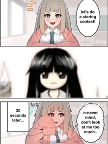 a cartoon of a girl saying " let 's do a staring contest ! "
